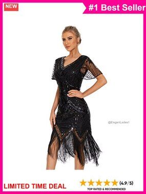 Flapper Dress Sequin Beaded V Neck Short Sleeve Tassel Hem Knee Length Gatsby